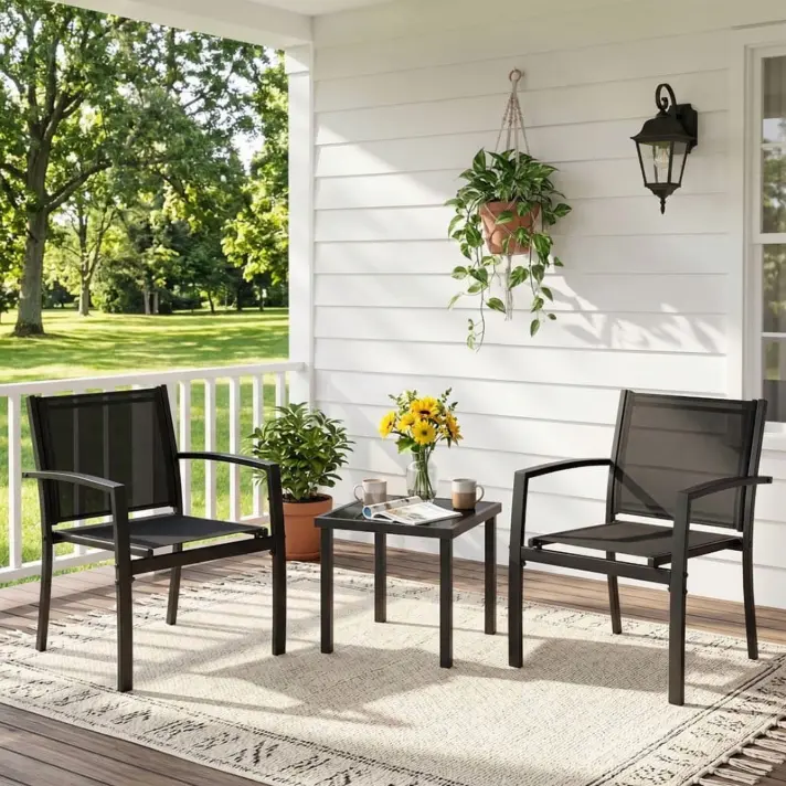 Vineego 3-Piece Outdoor Bistro Set, Breathable Textilene Chairs & Glass Coffee Table for Patio Balcony,Space-Saving Patio Essentials