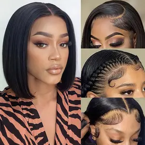 Beafay Human Hair Short Straight Bob Wig 12A Human Hair Wig 13x4 Lace Front Human Hair Wigs for Black Women HD  Transparent Lace Closure/ T-Part Human Hair Wigs Pre Plucked Short Bob Wigs Black Color