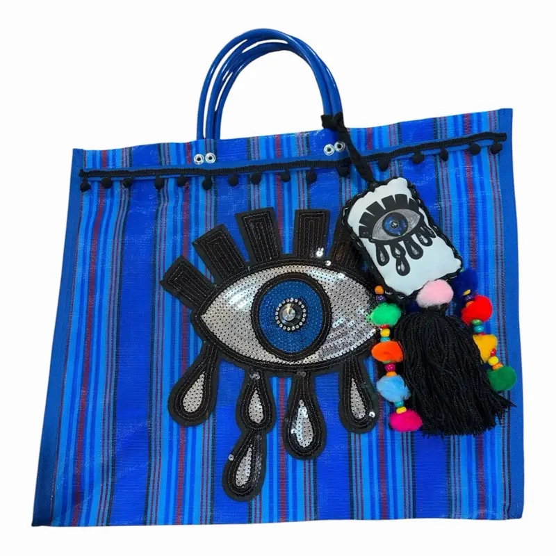 Mexican Maya Bag with Evil Eye Applique Boho Aztec Purse - Blue Striped Design with Colorful Beads and Tassels