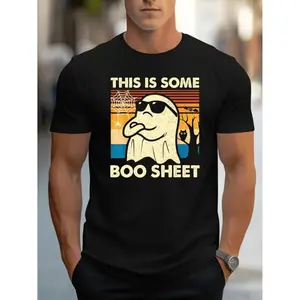 Halloween Ghost Print T-Shirt Casual Crew Neck Short Sleeve Stretch Polyester Mens Graphic Tee With Elastane Boo Sheet Pullover Top