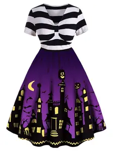 Women's Plus Size Halloween Dress Funny Striped Pumpkin Halloween Costume Flared Dresses