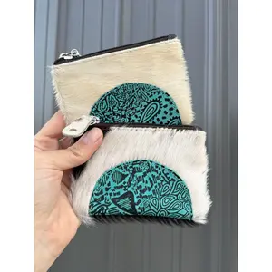 Turquoise Patch Cowhide Zipper Pouch