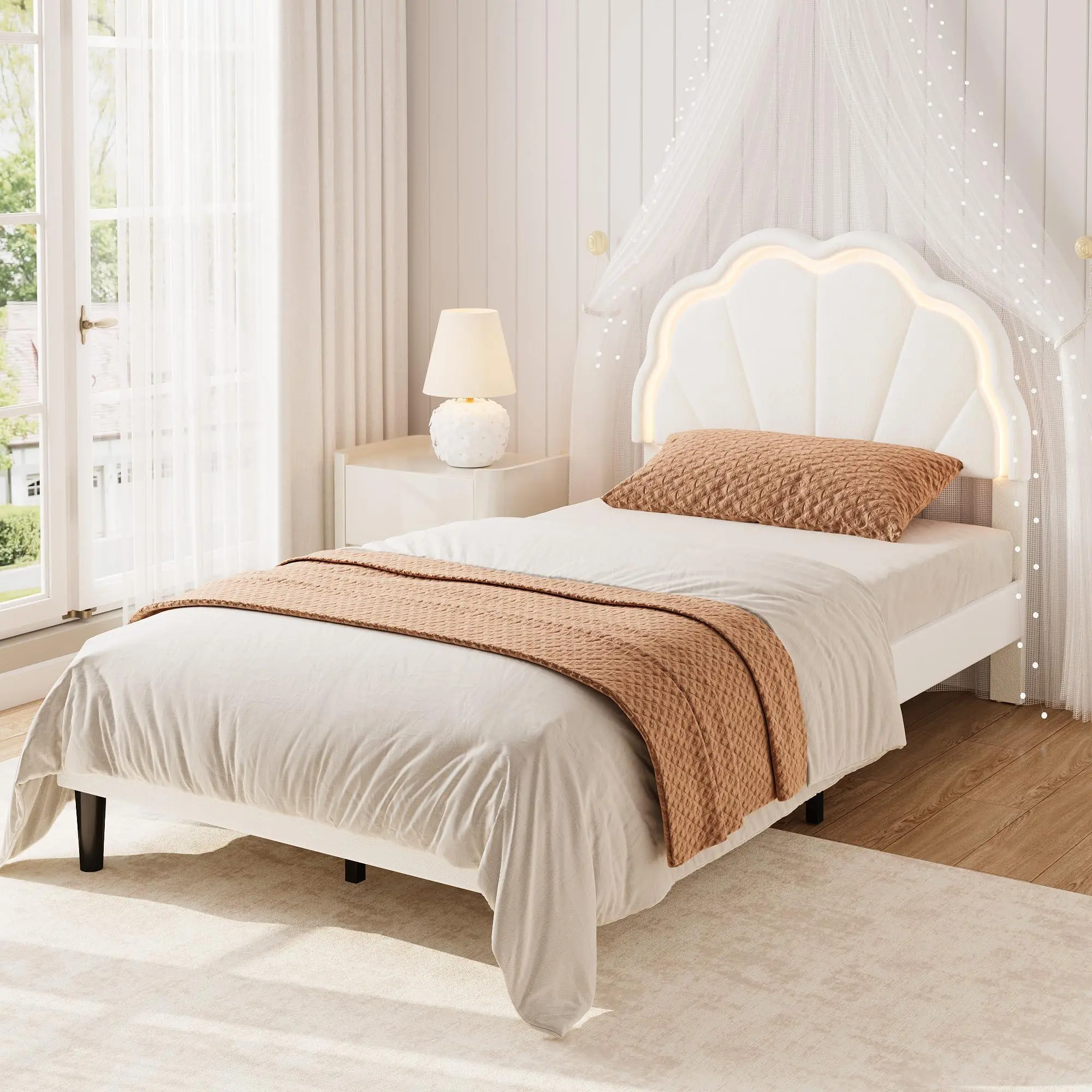 Velvet Seashell Headboard Upholstered LED Twin Bed Frame with LED Lights, Under Bed Storage, No-Noise, Sturdy Stable Structure, Easy Assembly, No Box Spring Required, White