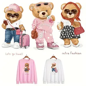 3 Pack Retro Fashion Teddy Bear Heat Transfer Vinyl Stickers with Glasses Heart Travel Accessories Iron on Decals for T Shirts Jeans Hats Backpacks Pillows Washable DIY Craft Supplies for Handmade Lov