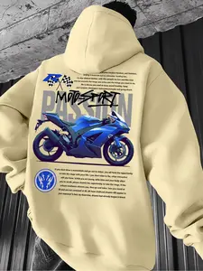 Men's Thick Casual Graphic Print Hoodie with Cool Motorcycle Print, Geometric Letter Pattern, Drawstring Pocket Long Sleeve Sweatshirt