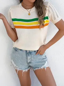 Spring Summer Casual Women's Round Neck Short Sleeve Rainbow Striped Knit Pullover, Stylish Ladies' Top for Daily Wear