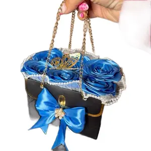 Luxury Gift Blue Eternal Ribbon Roses in a Black Purse Box with Elegant Chain Handle and Bow, Birthday, Christmas, Anniversary, Mother’s Day, Valentine’s Day gift