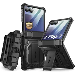 for Samsung Galaxy Z Flip 7 Case with Stand [Front Tempered Glass Screen Protector] [Hinge Protection] [Belt-Clip] Full-Body Military Protection Case for Samsung Z Flip 7 Armorbox, Black