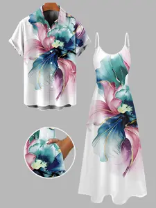 DRESSLILY 2026 Vacation Couple Outfit Women's Colored Flower Pattern Long Dress and Men's Short Sleeve Button Up Shirt Matching Set