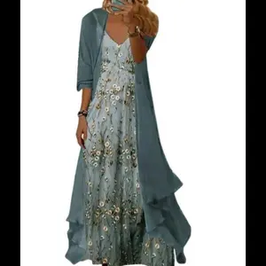 Womens's Casual 2 Piece Set Boho Floral Print Maxi Dress with Cardigan Flowy Chiffon Wedding Guest Dresses for Women Summer Peplum Womenswear Fitted