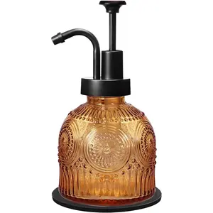 8 Oz Vintage Glass Bathroom Soap Dispensers with Pump Refillable Kitchen Dish Soap Dispenser with Stripe Antique Rustic Hand Soap Liquid Bottle (Brown-Black Pump)