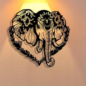 Abstract Elephant Metal Wall Art, Heart Floral Flower Design, Home Office Living Room Bedroom Patio Kitchen Decor, Modern Minimalist Style