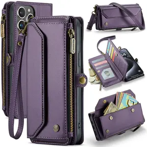Leather Zipper Wallet Phone  with Wrist Strap Fits iPhone 11-17 & Samsung S20-S26 Full Protection Multi-Function Wallet Detachable Strap FashionTech - Card foldable case