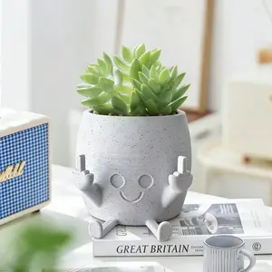 Smiling Plant Pot with Middle Fingers Up, Flower Pots for Succulents, Funny Resin Figure Planter Pot for Indoor Outdoor, Great Gift
