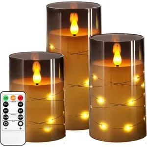 Flameless Candle with String Light,   Candle, Recessed String LED Candle, Indestructible Plexiglass Candles with Remote Control, Set of 3, Gray