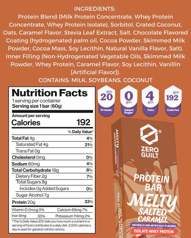 ZERO GUILT Salted Caramel 20G Protein Bar, ZERO Added Sugar, 60g Net Weight - 12 Pack