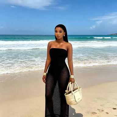 Women's Summer Crochet Mesh Strapless Cover-Up Dress, Womenswear Fake 2-Piece Fringe Beach Maxi Dress for Vacation