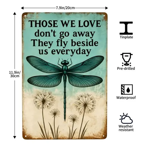 1pc 8x12 in Retro Waterproof Aluminum Tin Sign - Dragonfly & Dandelion Design, Eco-Friendly Waterproof Ink, Home Supplies Aesthetic Plaque, Metal Wall Art for New Homes & Outdoors Gifting