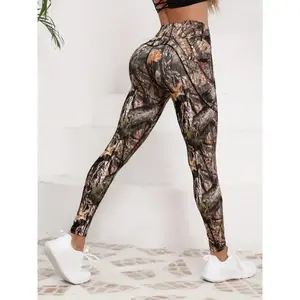 R4 Fashion Women's Clothing [Stretch Camo Leggings] High Stretch Women's Camo Print Yoga Leggings - Casual Long Length Plant Pattern Activewear with Pockets - Flexible Clothing | Sporty Design | Smooth Polyester Knit Fabric