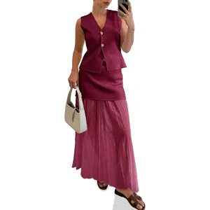 Imily Bela Womens Summer 2 Piece Outfits V Neck Sleeveless Blazer Waistcoat and Mesh Maxi Skirt Suit Sets