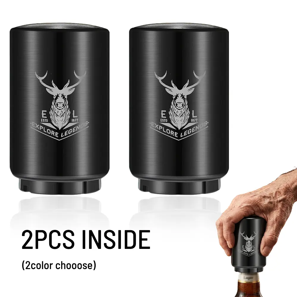 2pcs Stainless Steel Automatic Beer Bottle Opener - Durable Labor-Saving ABS Kitchenware, Cap-Safe for Cap Collectors, Elk-Designed Home Bar Utensil for Beer Lovers, Ideal for Campfire/BBQ Parties & Gifting, Push-Pull