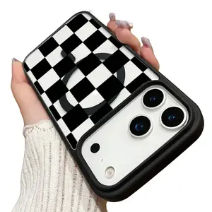 Transparent Magnetic Case for iPhone 17 Pro Max 11 12 13 14 15 16 Plus Air Black Checkered Ultra Slim Shockproof Protective MagSafe Support Acrylic Protection Fingerprint Resistant Casing