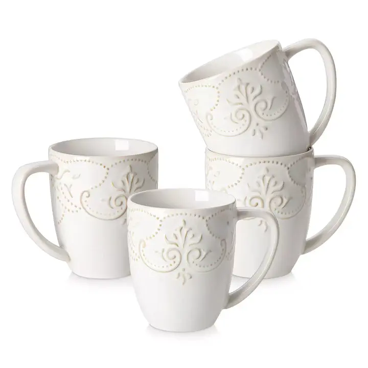 MALACASA Giselle Vintage Floral Embossed Round Mugs Set of 4, 14oz Microwave-Safe Porcelain Coffee Tea Cups with Handle, European Elegant Drinkware for Home Kitchen