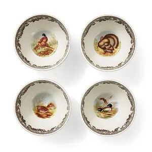 Spode Heritage Collection Woodland Animal Dip Bowls - Set of 4 Porcelain, 4 Inch Snack or Dessert Bowls with Floral Border, Dishwasher, Microwave Safe
