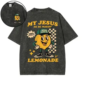 My Jesus He Be Makin’ Lemonade Graphic Tee, Vintage Washed Cotton Oversized Christian Streetwear Shirt, Y2K Retro Summer Faith Tee