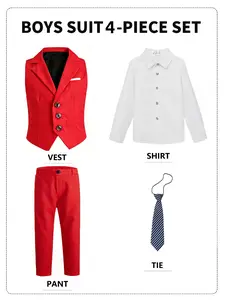 Boys' Formal 4-Piece Suit (Shirt + Lapel Vest + Elastic Waist Trousers + Striped Tie) Red/White/Black/Navy/Grey 5 Colors Available Sizes 100-150cm Slim Fit Page Boy Outfit Ideal for Weddings Parties & Performances, Outfits Set