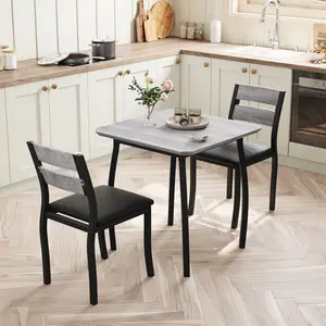 3-Piece Retro Dining Set, Space-Saving Table & 2 Upholstered Benches for 4, Chamfer Design Metal Frame Kitchen Furniture for Apartments, Studios, Small Spaces