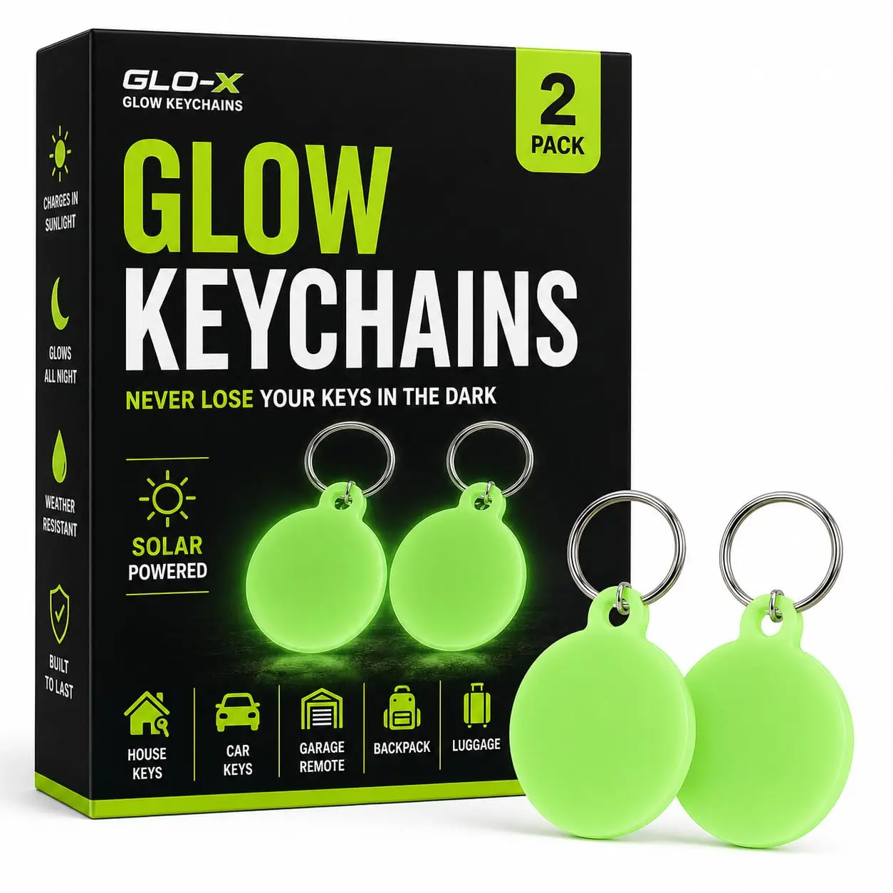 GLO-X Glow in The Dark Keychain - Find Your Light Up Key Chain In The Dark -12+ Hours Glow Time – Solar Powered Tags with Ring