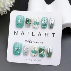 Handmade Nail Art Set, 10pcs Mint Trapezoidal Nails, French Style, UV Light Gel Polish, Summer Nails, Party, Travel, Dance