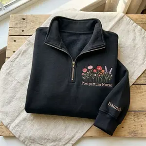 Embroidered Postpartum Nurse Quarter Zip Sweater, Floral L&D Nurse Apparel