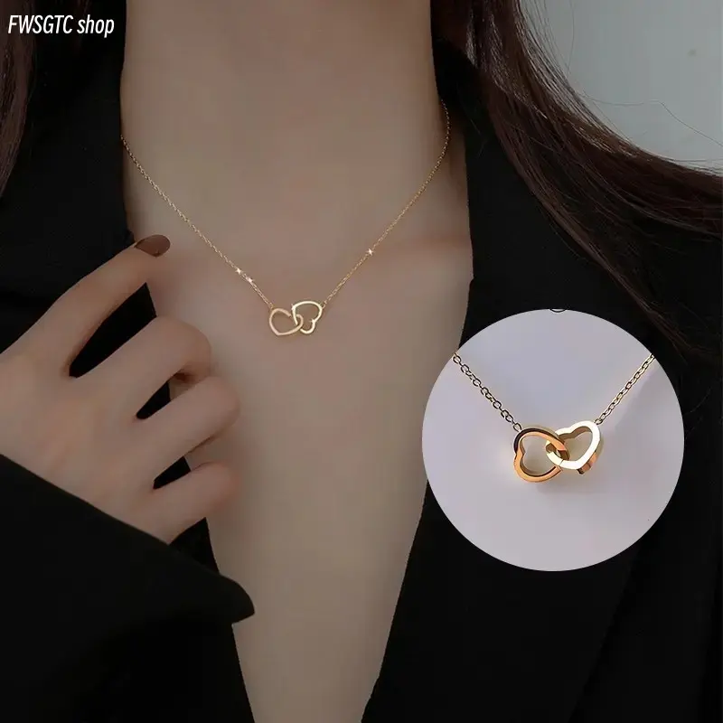 18K Rose Gold Double Circle Necklace, Korean minimalist layered pendant. Crafted from non-tarnish waterproof titanium steel, hypoallergenic and stylish. Perfect daily wear and romantic gift for her, summer vibes included.