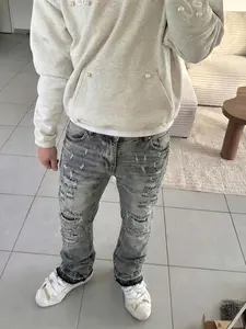 Men's Distressed Denim Jeans, Y2K Stackable Pants, Loose-Fitting Button Fly, All Seasons Casual Wear, Patchwork Design, Streetwear