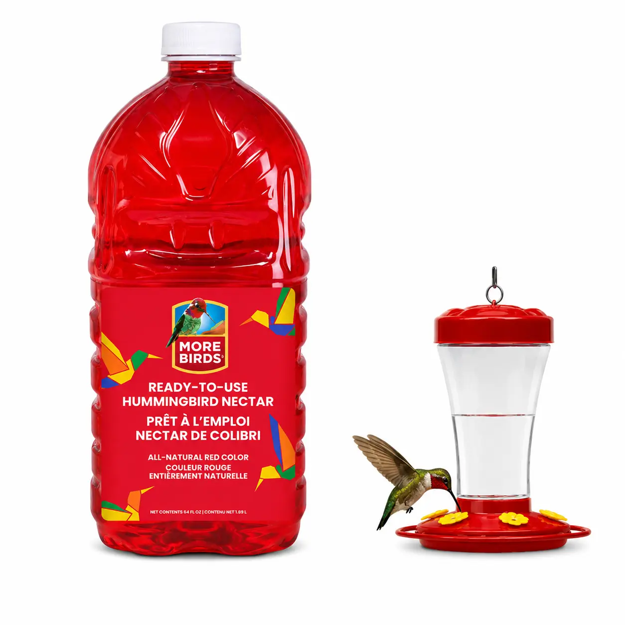 More Birds Ready to Use Hummingbird Nectar 64 fl oz | All Natural Red Formula | No Mixing Required | Easy Pour Bird Food for Hummingbird Feeders