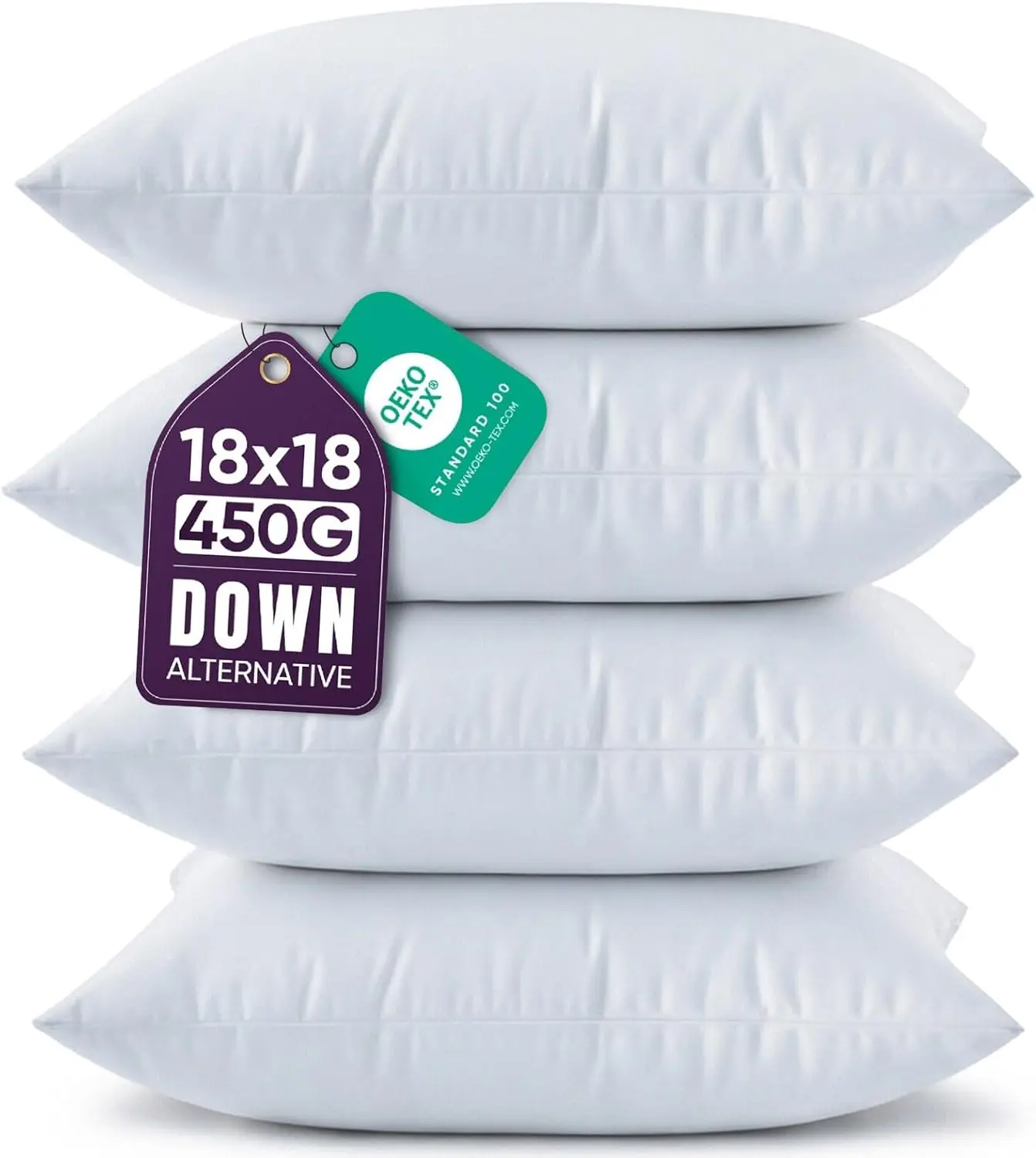 Beddora Throw Pillows (Set of 4, White) 18x18 Pillow Inserts Down Alternative, Throw Pillows for Couch, Bed or Sofa- Fluffy Decorative Stuffer Pillow for Indoors & Outdoors