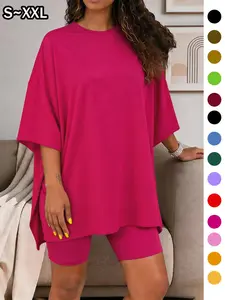 Women's Solid Color T-Shirt and Tight Shorts Set Loungewear, Summer Comfort Round Neck Pajamas, Pocket Design, Suitable for Outdoor Wear