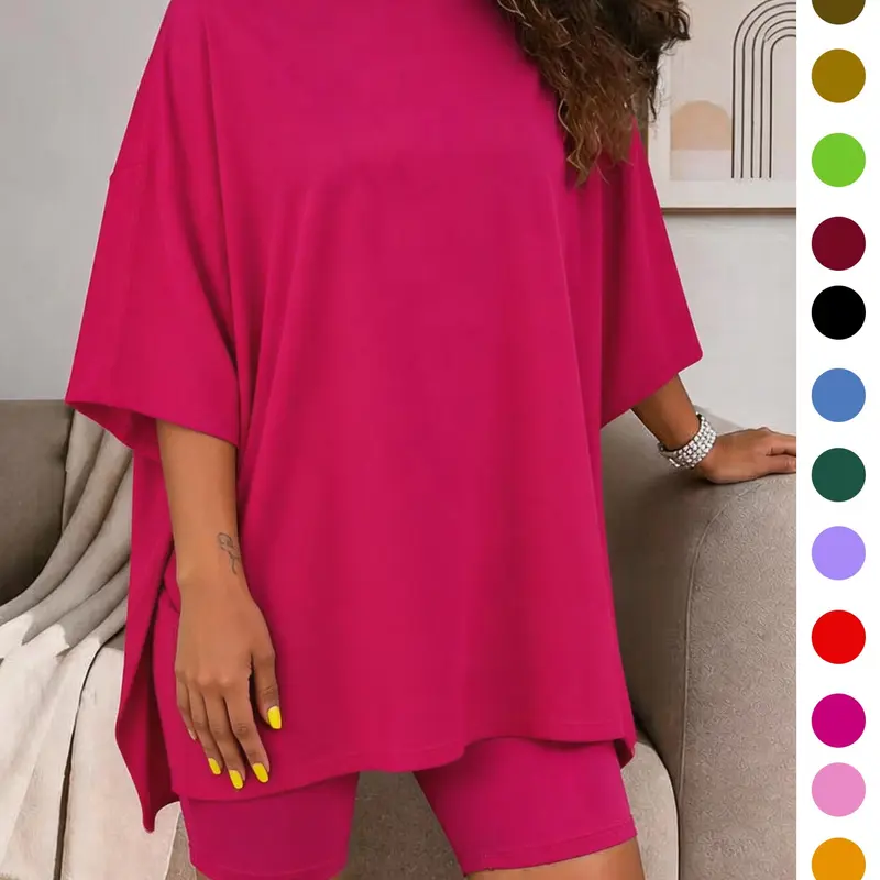 Women's Solid Color T-Shirt and Tight Shorts Set, Lounge Pjs Set, Summer Comfort Lightweight Round Neck Pajamas Loungewear, Pocket Design, Suitable for Outdoor Wear