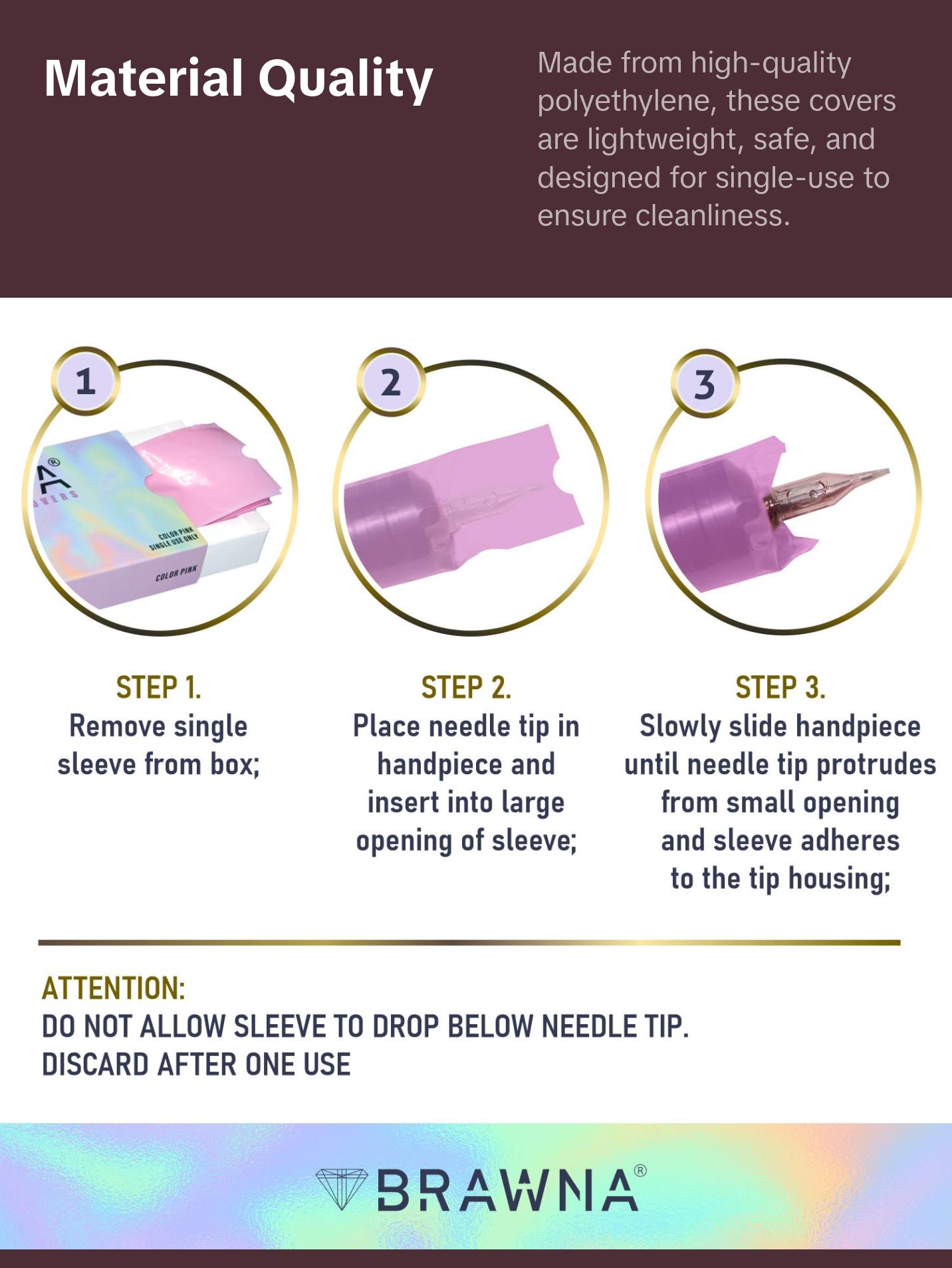 BRAWNA 220 Pack Disposable PMU, Tattoo & Microneedling Pen Type Machine Covers - Pink