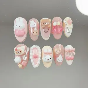 Kawaii 3D Press On Nails with Bunny & Bear Design, Pastel Nail Art