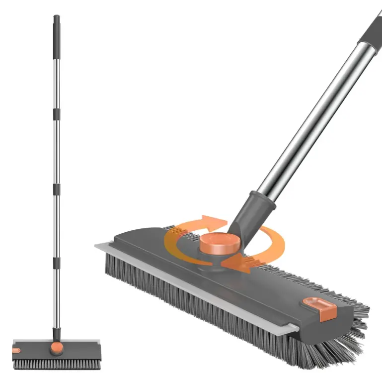 3-in-1 Scraper Broom Squeegee Mop - Long Wand Broom with Adjustable 16"-52" Non-Slip Handle, Stainless Steel/PP/TPR Material, Hair Pickup Cleaner for Tile Surfaces (Grey), Squeegee Mop Brooms, Long Wand Brooms