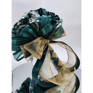 Hunter Green Artesanal Bouquet with Crown Handcrafted Satin Roses Gold Details Crystal Stones Porcelain Accents for Quinceañera