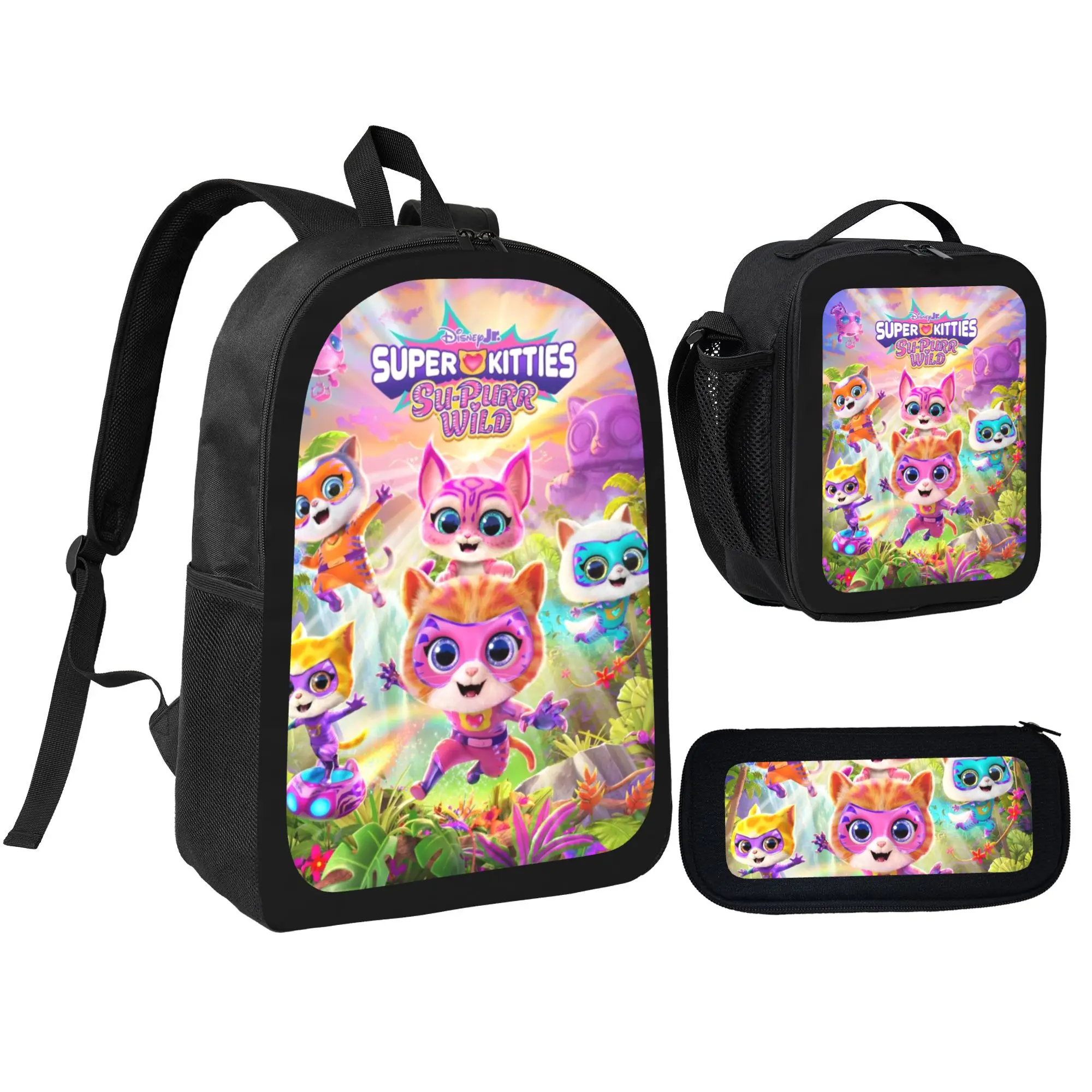 Superkitties Backpack Set, 3 in 1 Cartoon Print School Backpack with Insulated Lunch Bag and Pencil Case, Lightweight Casual Bookbag Aesthetic Daypack for Boys Girls Kids Teens School Outdoor Travel