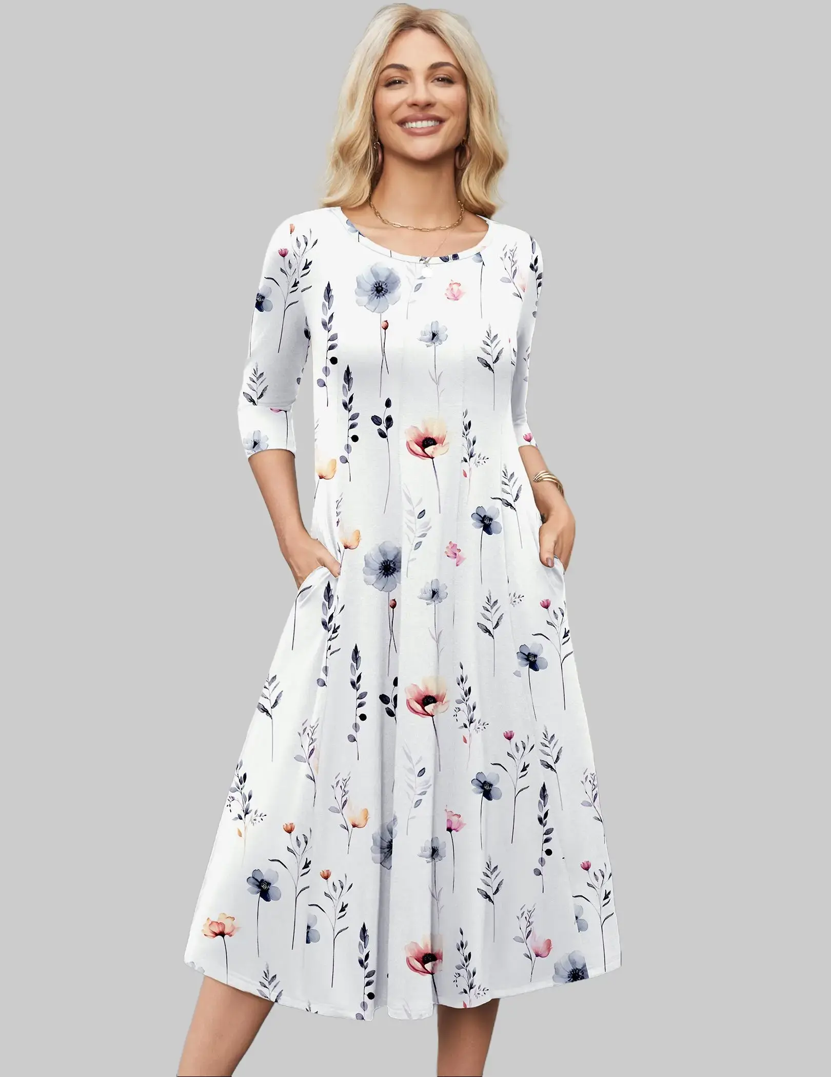 Women's 3/4 Sleeve A-line and Flare Midi Long Dress Round Neck Casual Loose Fit Basic Crewneck Minimalist All Seasons - TikTok Shop Women's 3/4 Sleeve A-line and Flare Midi Long Dress Round Neck Casual Loose Fit Basic Crewneck Minimalist All Seasons - TikTok Shop