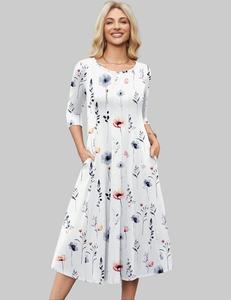 Women's 3/4 Sleeve A-line and Flare Midi Long Dress Round Neck Casual Loose Fit Basic Crewneck Minimalist All Seasons summerwins