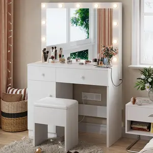 Makeup Vanity Desk with 11 LED Lights, Power Outlet, 3 Adjustable Light Modes, Storage Cabinet, Drawers and Chair, White Indoor Furniture Dressing Table for Bedroom