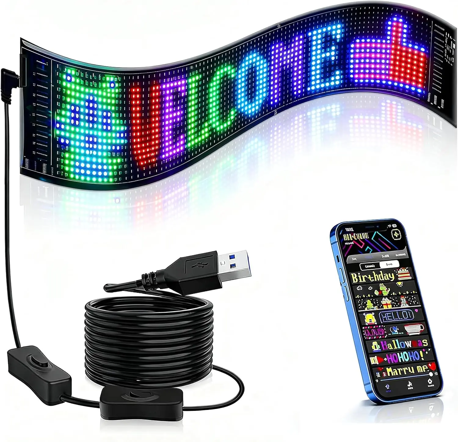Programmable LED Sign,23.4''x4.7''Flexible 5V/2A USB Bluetooth APP Custom | Programmable Custom Text Pattern Animation Scroll Display for Car Bar Store Home Party