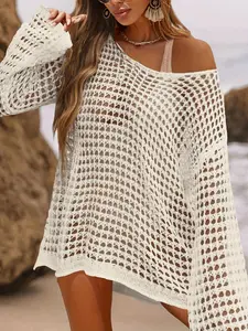 Women's Loose-Fit Hollow Out Knitted Top, Casual Summer Beachwear, Elegant Outdoor Wear, Versatile Plain Color Blouse